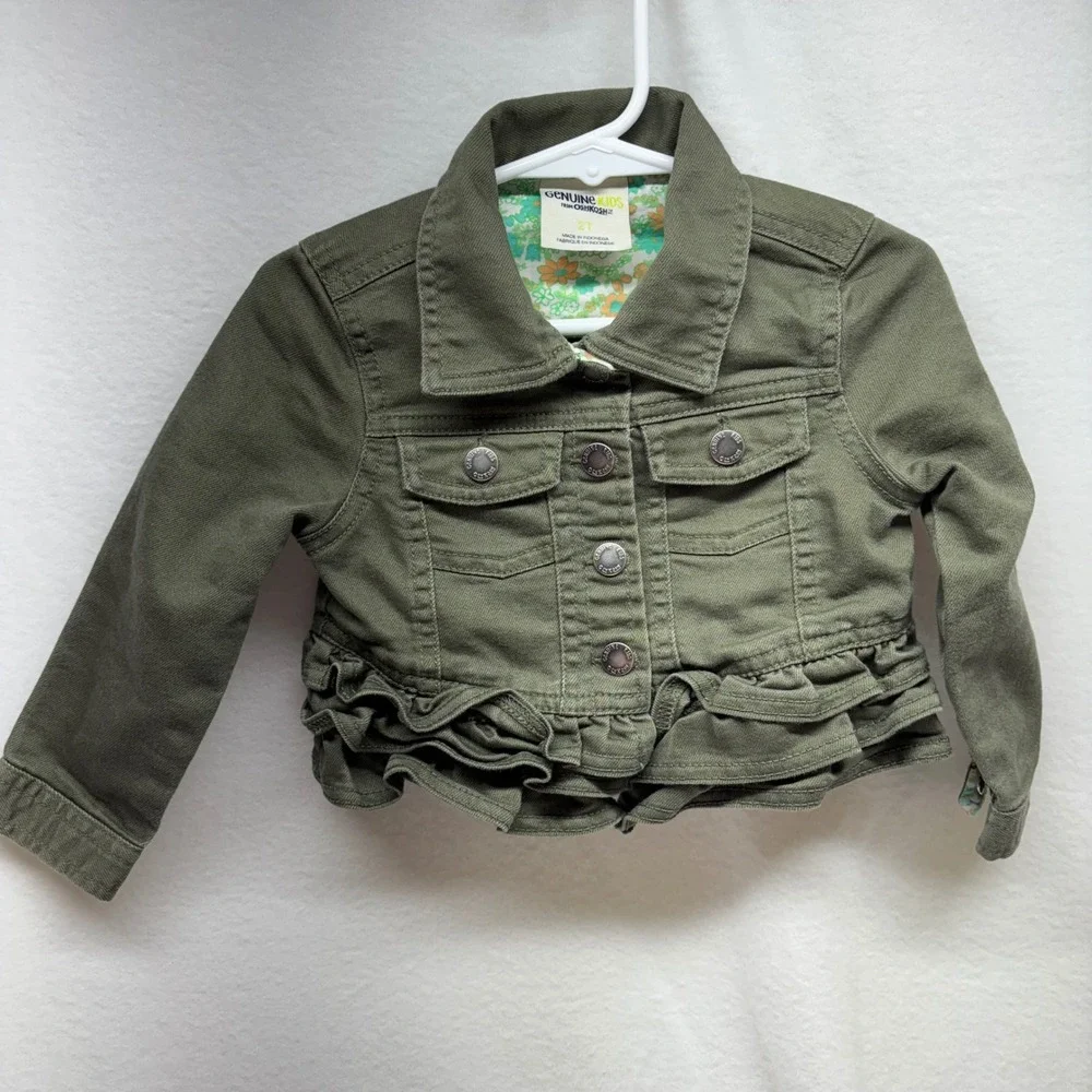 Genuine Kids OshKosh Olive‎ Green Ruffle Denim Jacket Toddler Girl 2T